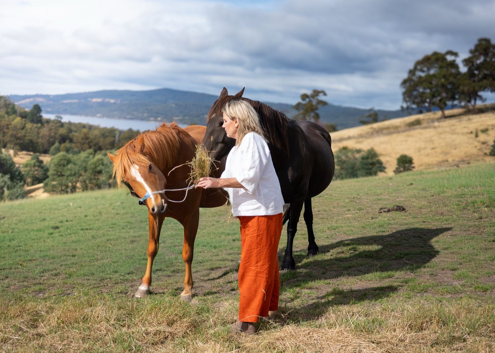 Annica with horses in the Huon Valley hills — groundedness and connection